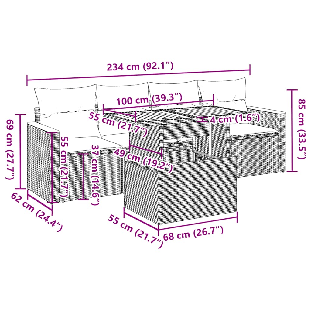 vidaXL 5-tlg. Garten-Sofagarnitur mit Kissen Schwarz Poly Rattan