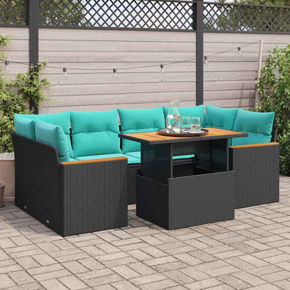 7-tlg. Garten-Sofagarnitur mit Kissen Schwarz Poly Rattan