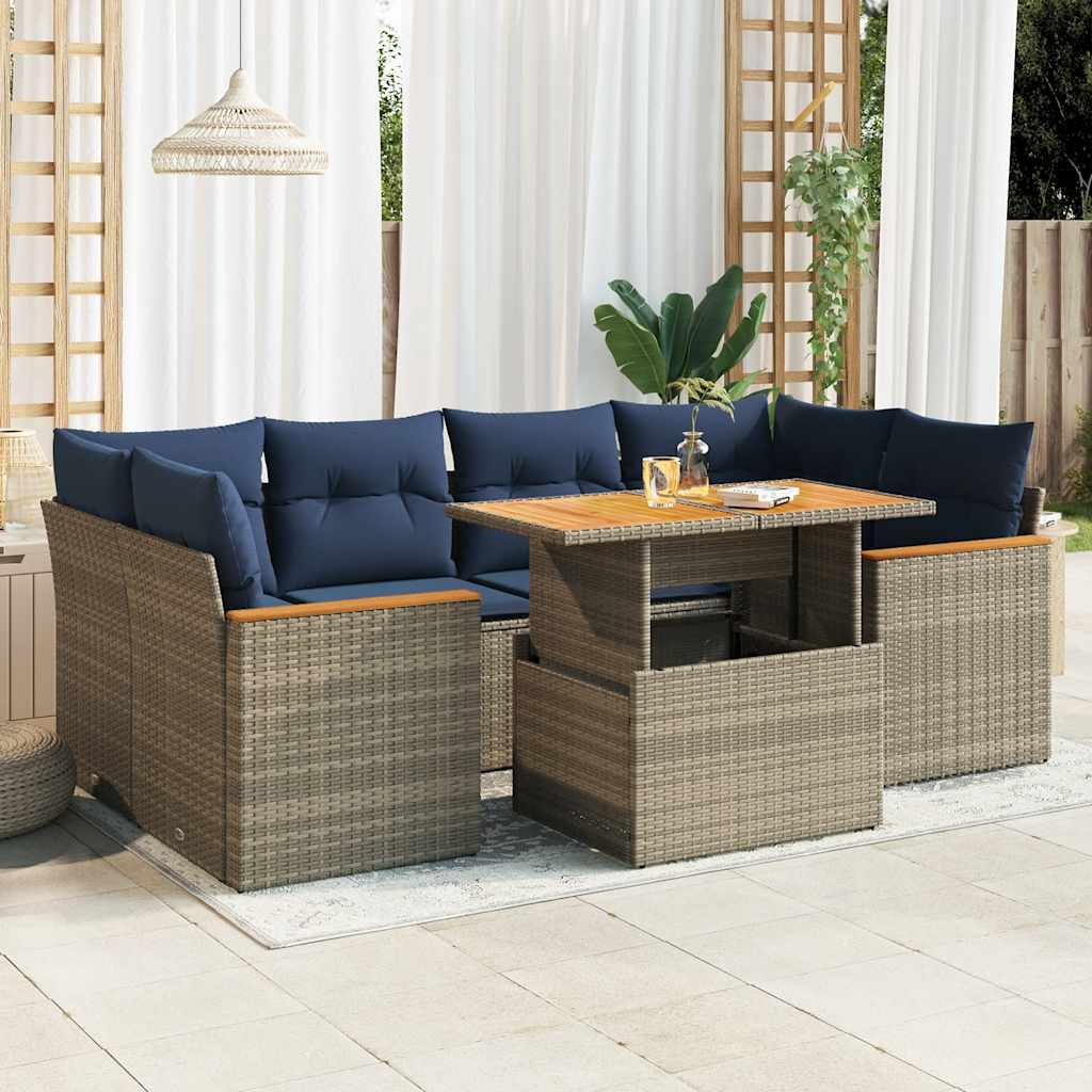 7-tlg. Garten-Sofagarnitur mit Kissen Grau Poly Rattan