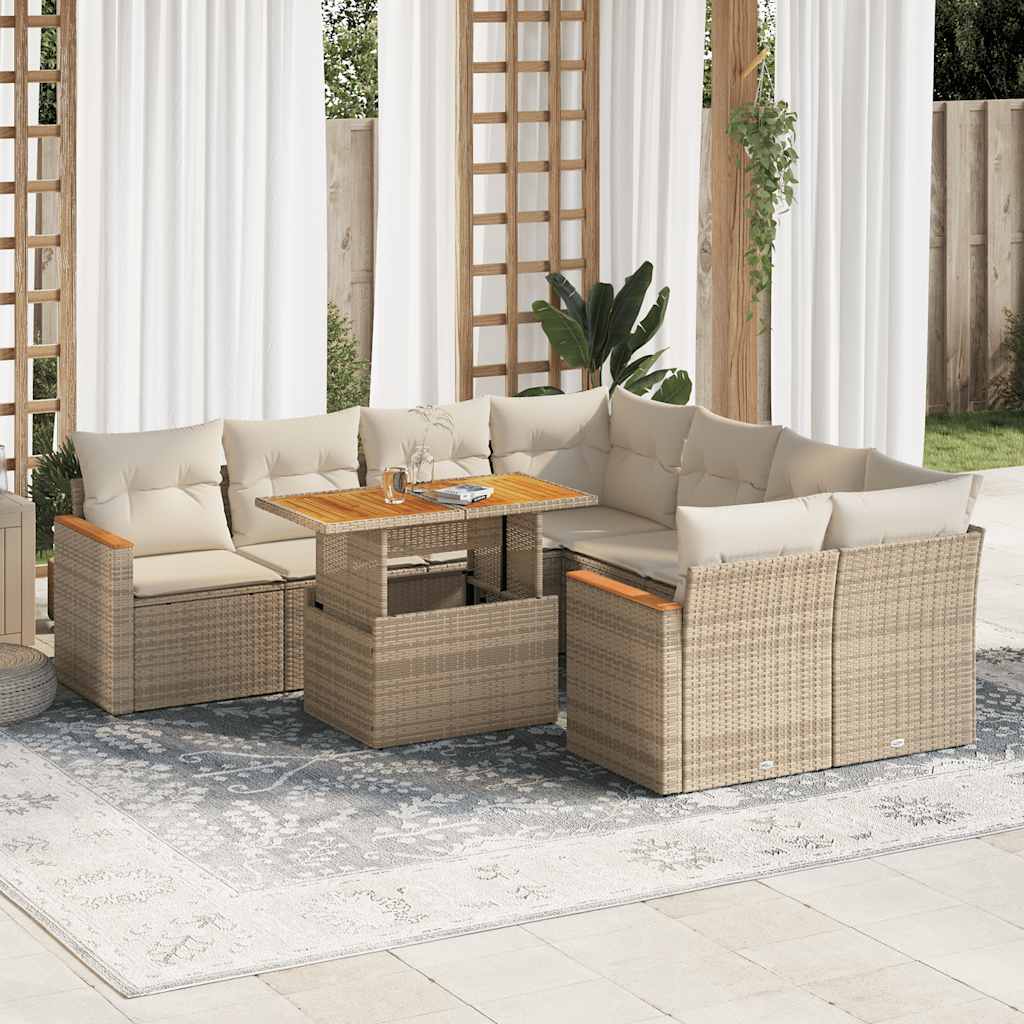 9-tlg. Garten-Sofagarnitur mit Kissen Beige Poly Rattan Akazie