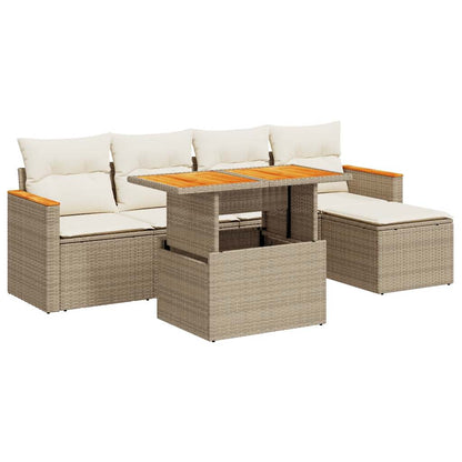 6-tlg. Garten-Sofagarnitur mit Kissen Beige Poly Rattan Akazie