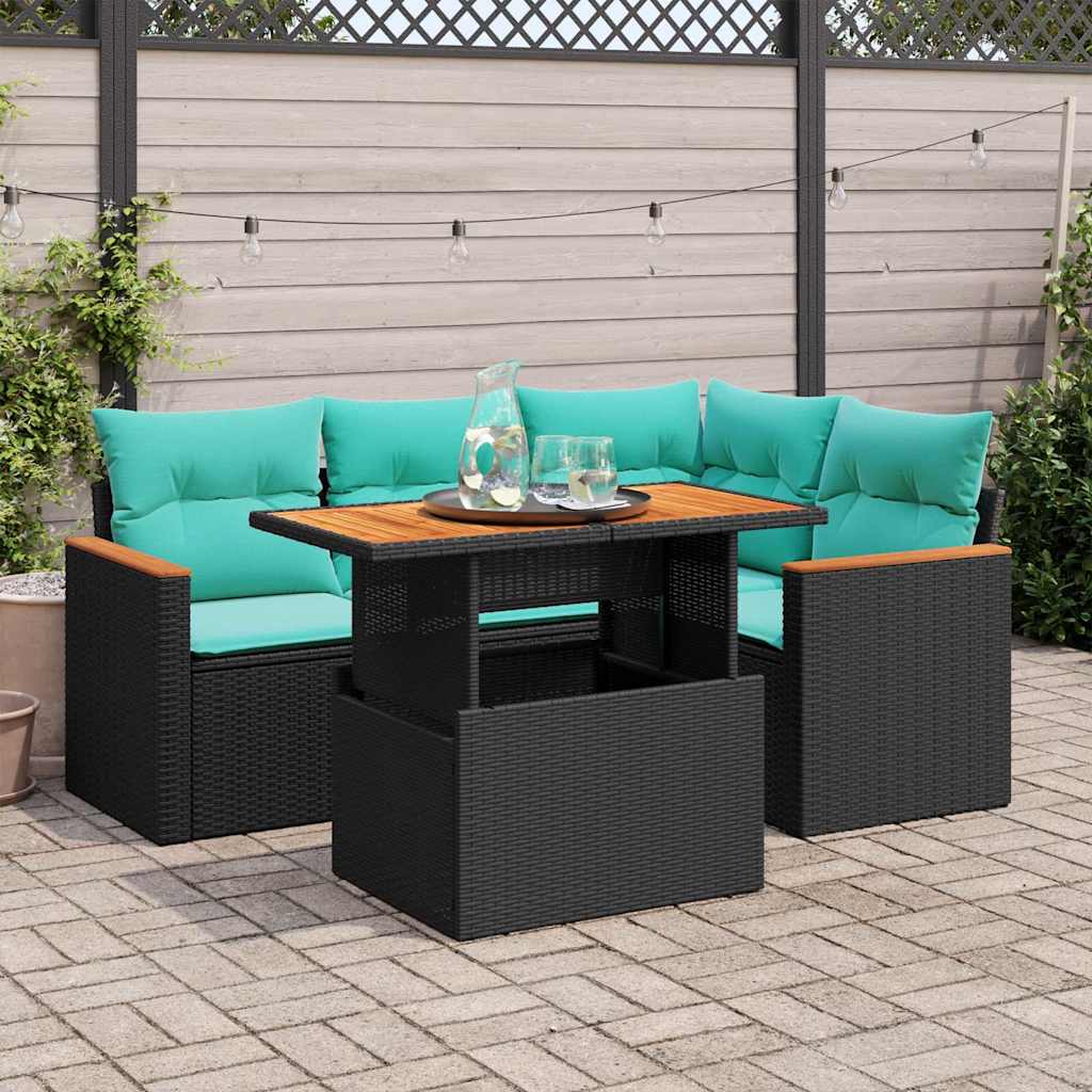 vidaXL 5-tlg. Garten-Sofagarnitur mit Kissen Schwarz Poly Rattan