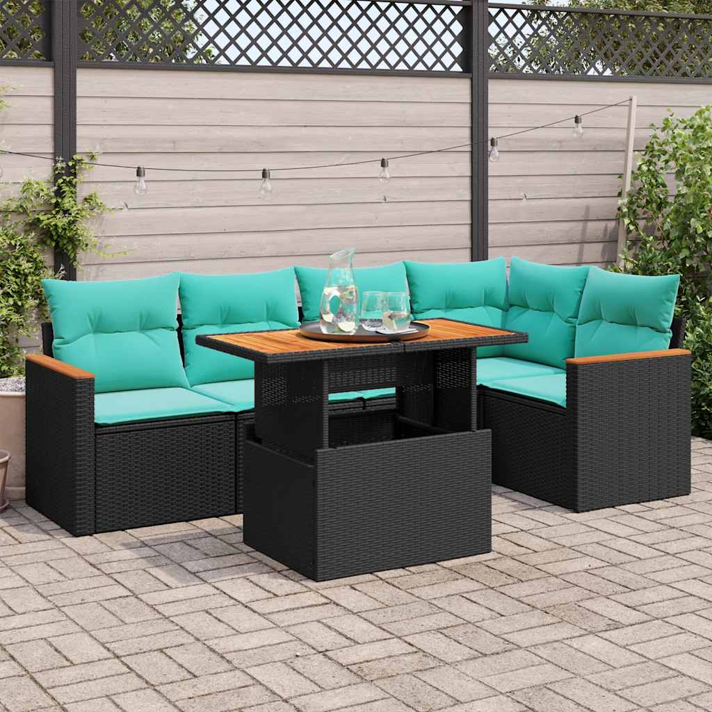 6-tlg. Garten-Sofagarnitur mit Kissen Schwarz Poly Rattan