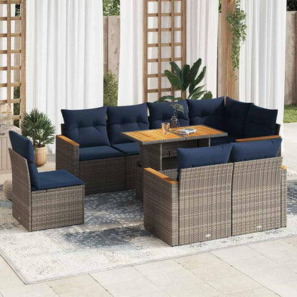 9-tlg. Garten-Sofagarnitur mit Kissen Grau Poly Rattan