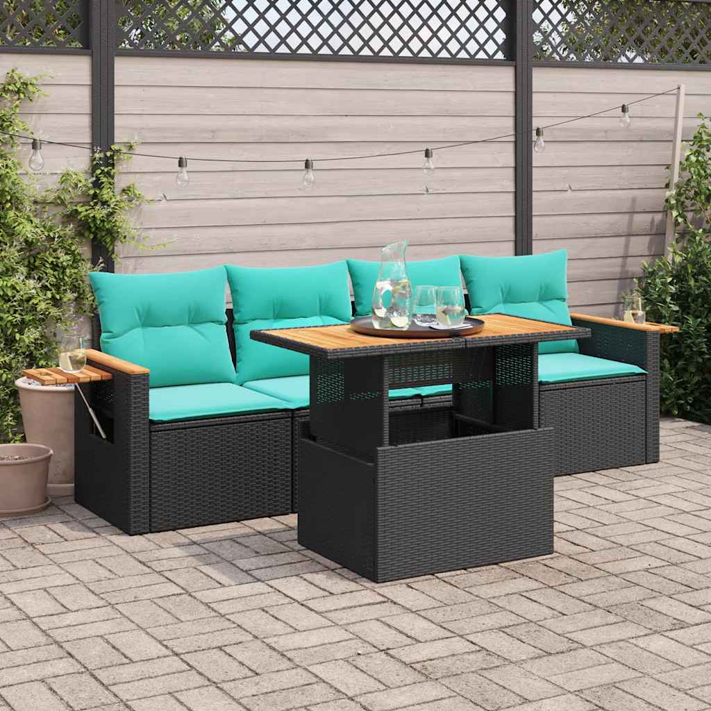 5-tlg. Garten-Sofagarnitur mit Kissen Schwarz Poly Rattan