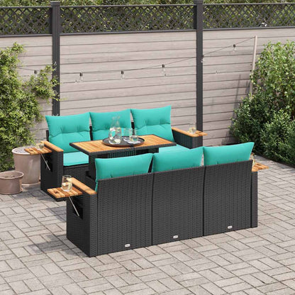 7-tlg. Garten-Sofagarnitur mit Kissen Schwarz Poly Rattan