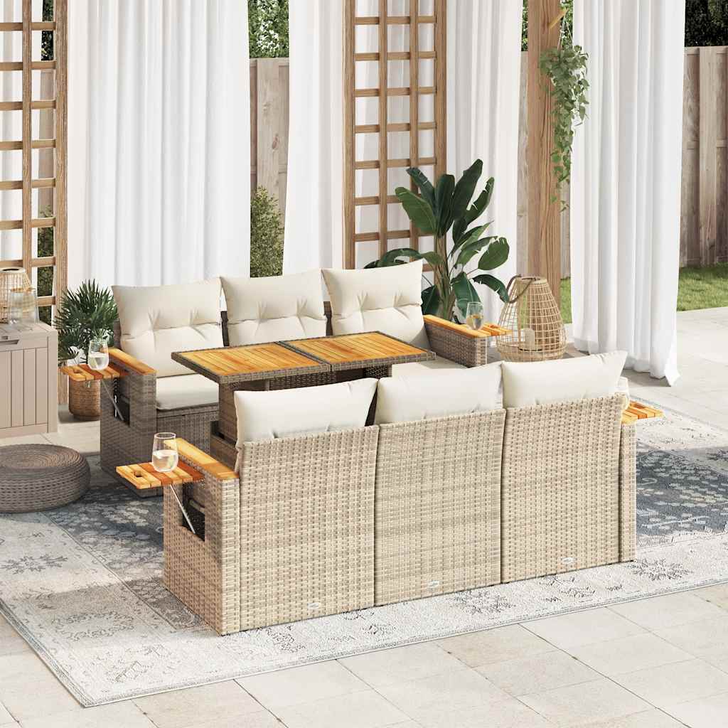 7-tlg. Garten-Sofagarnitur mit Kissen Beige Poly Rattan Akazie