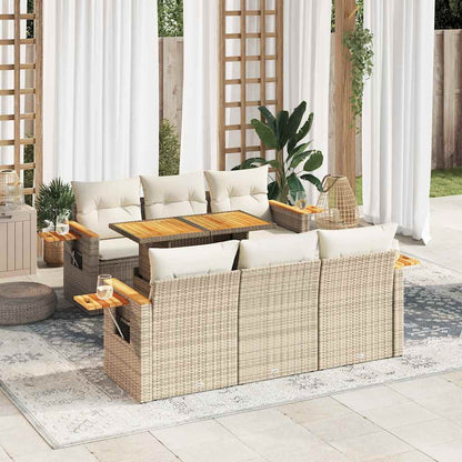 7-tlg. Garten-Sofagarnitur mit Kissen Beige Poly Rattan Akazie