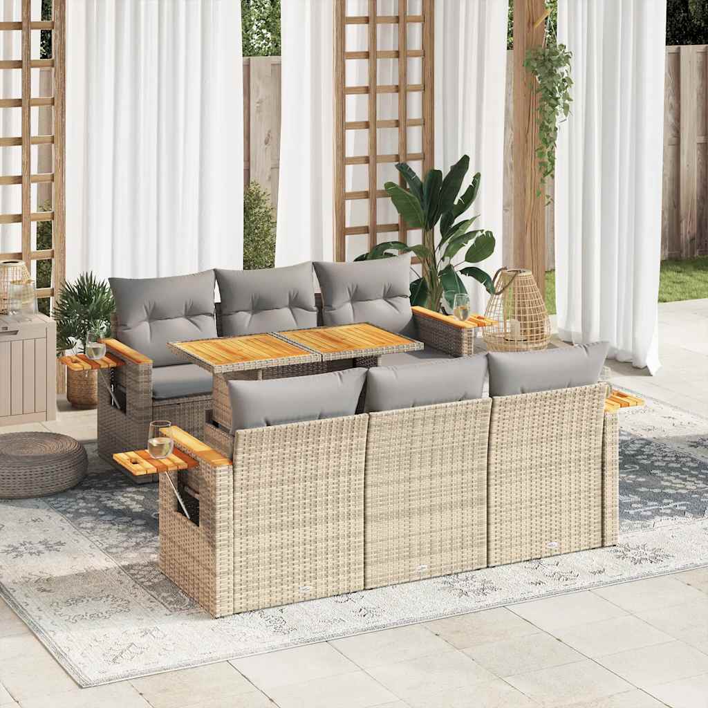 7-tlg. Garten-Sofagarnitur mit Kissen Beige Poly Rattan Akazie