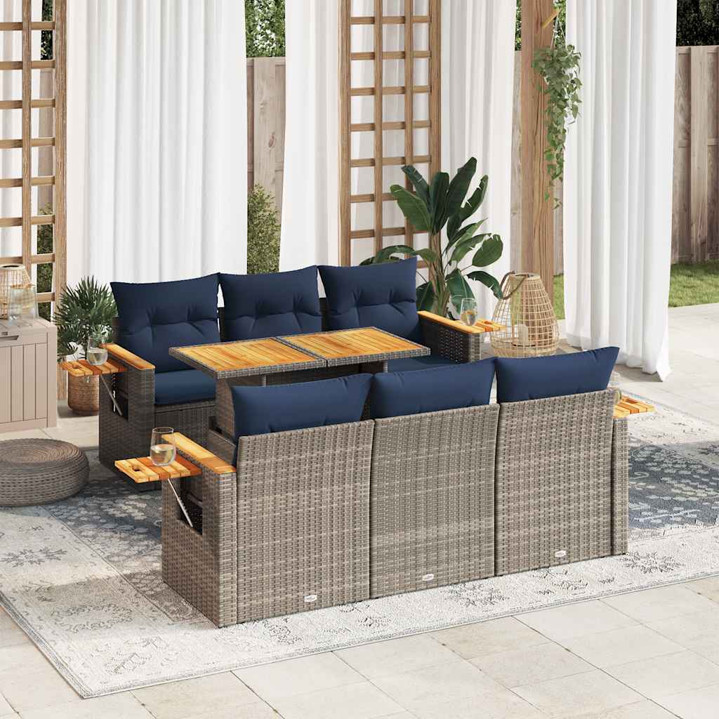 7-tlg. Garten-Sofagarnitur mit Kissen Grau Poly Rattan