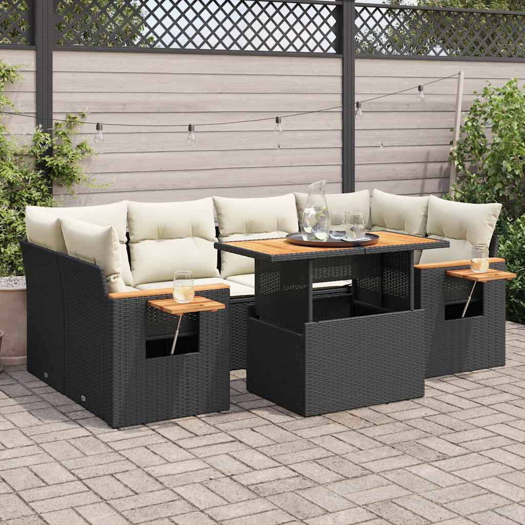 7-tlg. Garten-Sofagarnitur mit Kissen Schwarz Poly Rattan