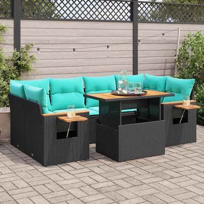 vidaXL 7-tlg. Garten-Sofagarnitur mit Kissen Schwarz Poly Rattan
