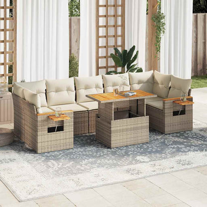 8-tlg. Garten-Sofagarnitur mit Kissen Beige Poly Rattan Akazie