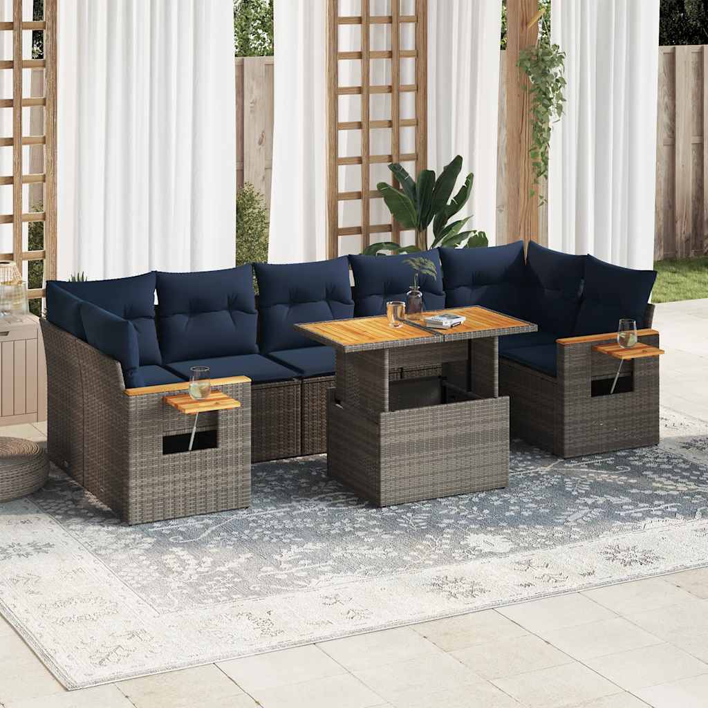 8-tlg. Garten-Sofagarnitur mit Kissen Grau Poly Rattan