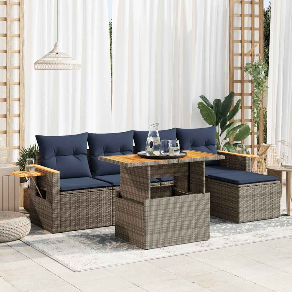 6-tlg. Garten-Sofagarnitur mit Kissen Grau Poly Rattan Akazie