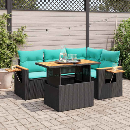 5tlg. Garten-Sofagarnitur mit Kissen Schwarz Poly Rattan Akazie