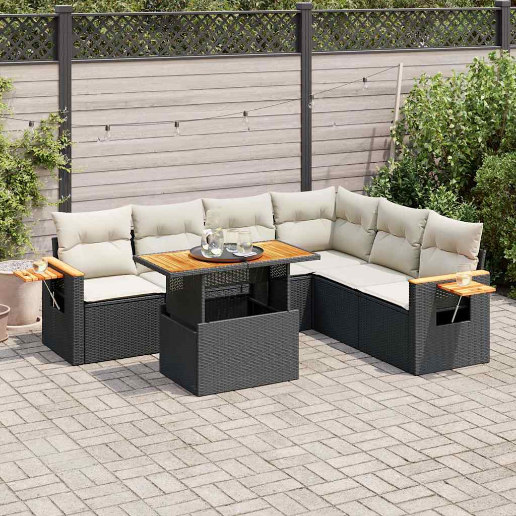 7-tlg. Garten-Sofagarnitur mit Kissen Schwarz Poly Rattan