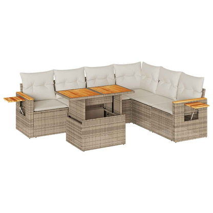 7-tlg. Garten-Sofagarnitur mit Kissen Beige Poly Rattan Akazie