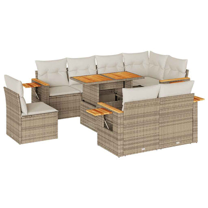 9-tlg. Garten-Sofagarnitur mit Kissen Beige Poly Rattan Akazie