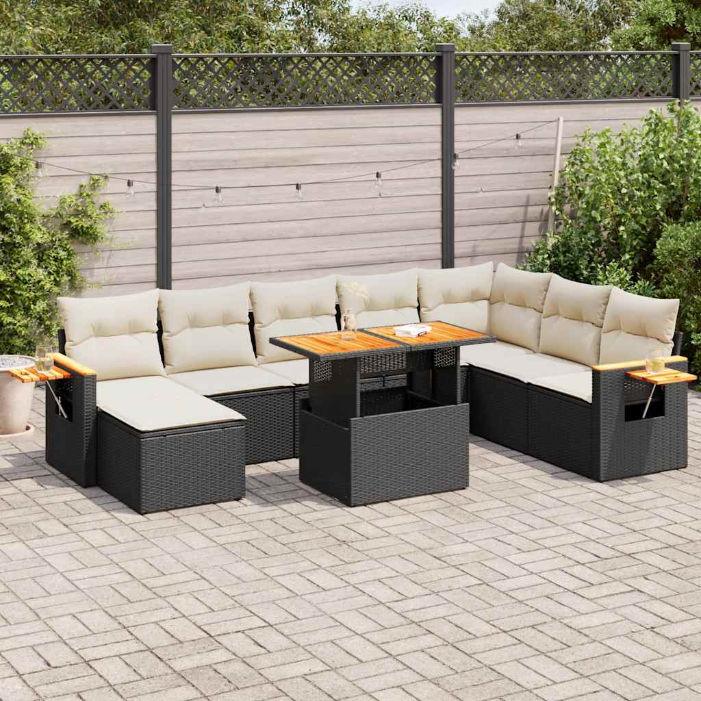 9-tlg. Garten-Sofagarnitur mit Kissen Schwarz Poly Rattan