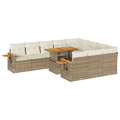 11-tlg. Garten-Sofagarnitur mit Kissen Beige Poly Rattan Akazie