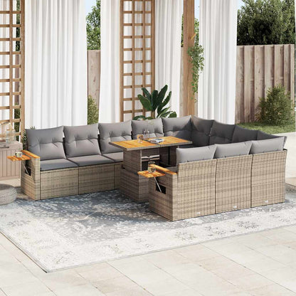 11-tlg. Garten-Sofagarnitur mit Kissen Beige Poly Rattan Akazie