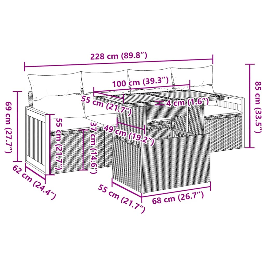 vidaXL 5tlg. Garten-Sofagarnitur mit Kissen Schwarz Poly Rattan Akazie