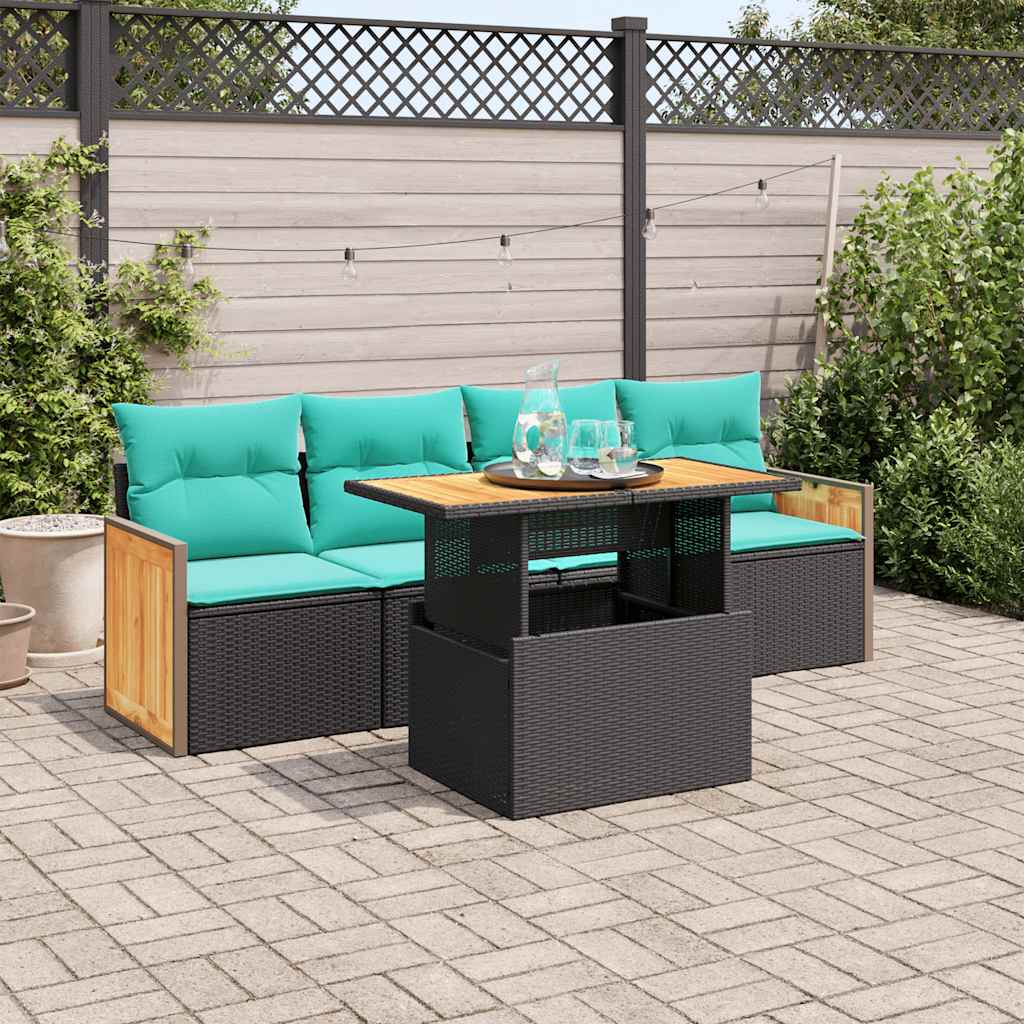 vidaXL 5tlg. Garten-Sofagarnitur mit Kissen Schwarz Poly Rattan Akazie