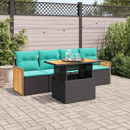 vidaXL 5tlg. Garten-Sofagarnitur mit Kissen Schwarz Poly Rattan Akazie