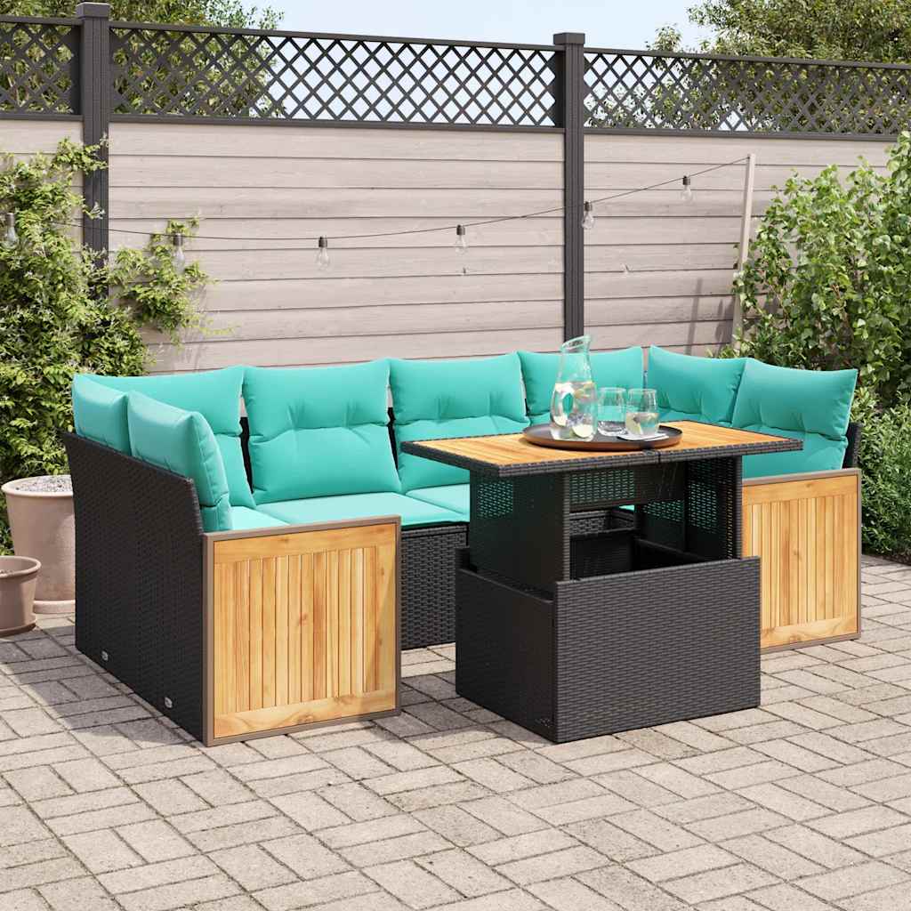 7-tlg. Garten-Sofagarnitur mit Kissen Schwarz Poly Rattan