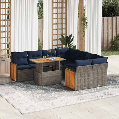 vidaXL 9-tlg. Garten-Sofagarnitur mit Kissen Grau Poly Rattan Akazie