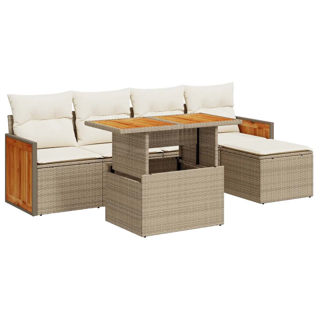 6-tlg. Garten-Sofagarnitur mit Kissen Beige Poly Rattan Akazie