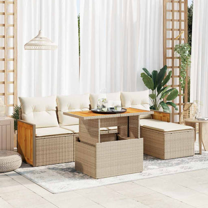 6-tlg. Garten-Sofagarnitur mit Kissen Beige Poly Rattan Akazie