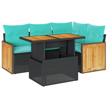 vidaXL 5tlg. Garten-Sofagarnitur mit Kissen Schwarz Poly Rattan Akazie
