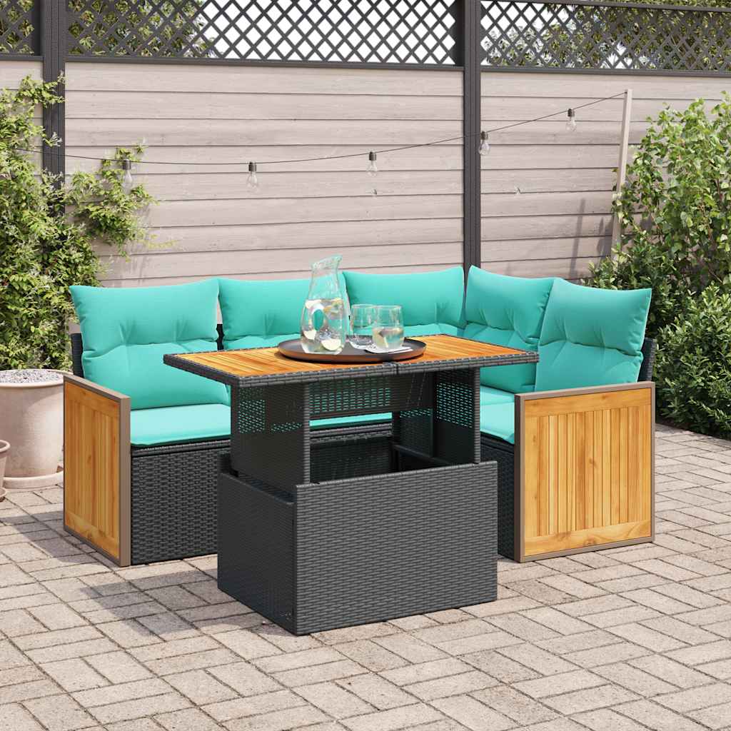 5tlg. Garten-Sofagarnitur mit Kissen Schwarz Poly Rattan Akazie