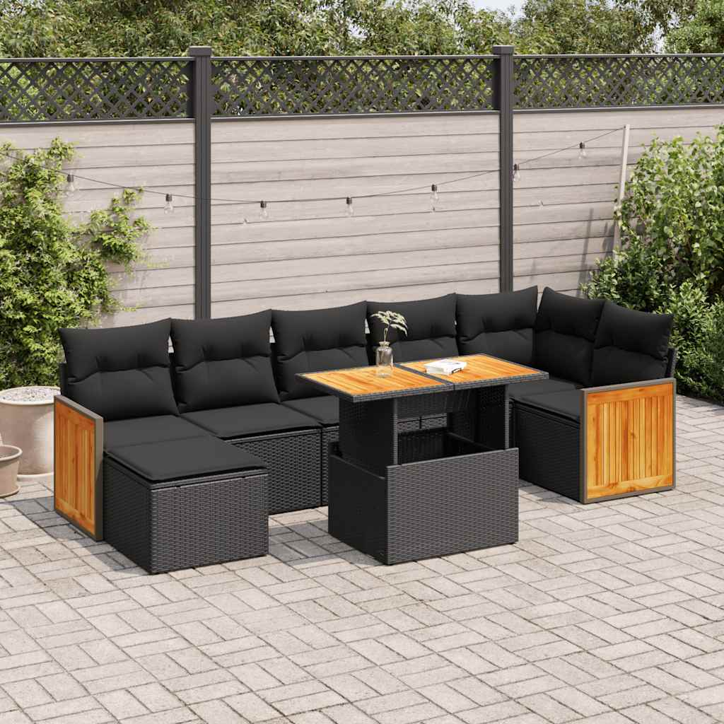 8-tlg. Garten-Sofagarnitur mit Kissen Schwarz Poly Rattan