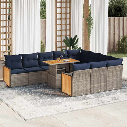 vidaXL 11-tlg. Garten-Sofagarnitur mit Kissen Grau Poly Rattan Akazie