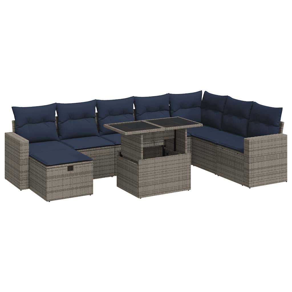 9-tlg. Garten-Sofagarnitur mit Kissen Grau Poly Rattan
