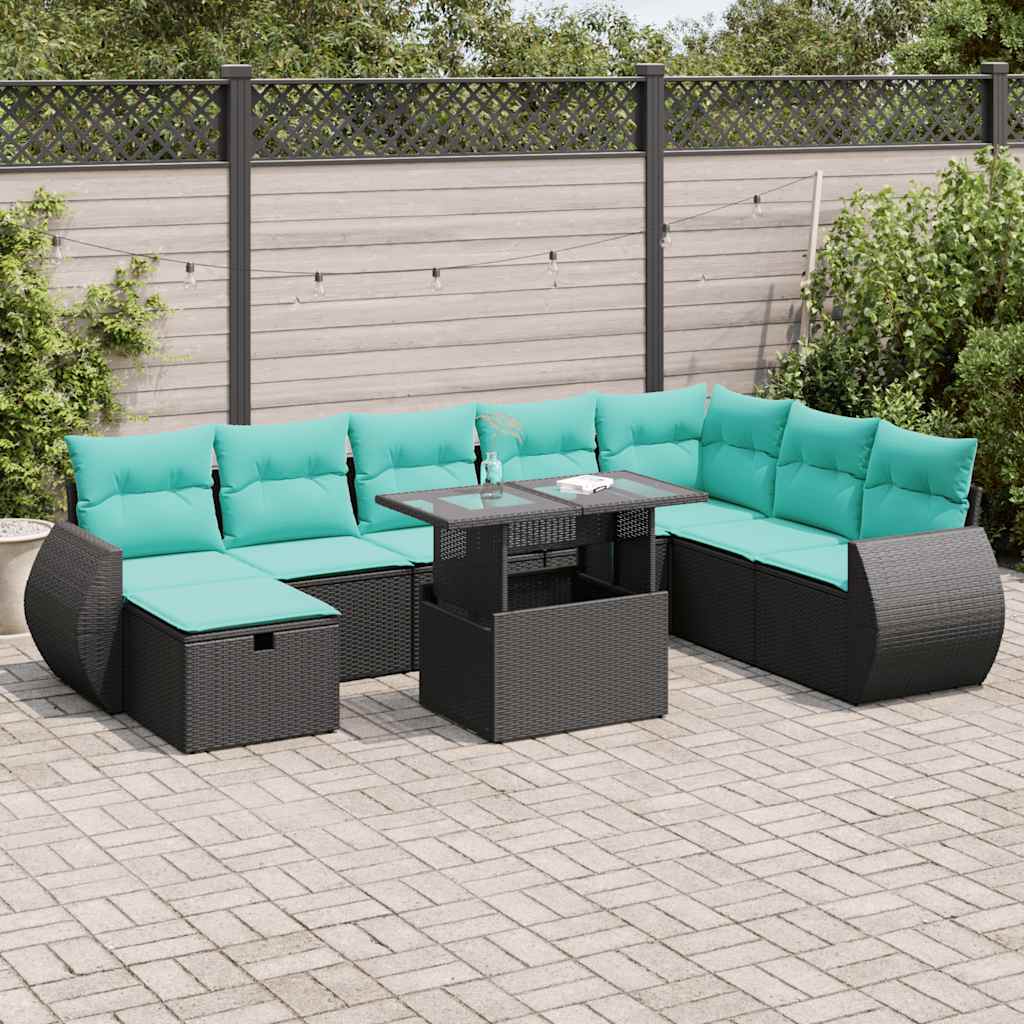 9-tlg. Garten-Sofagarnitur mit Kissen Grau Poly Rattan Akazie