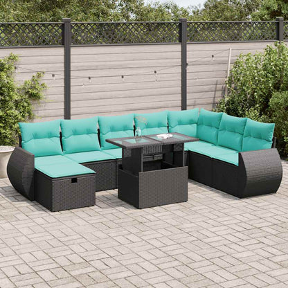 9-tlg. Garten-Sofagarnitur mit Kissen Grau Poly Rattan Akazie