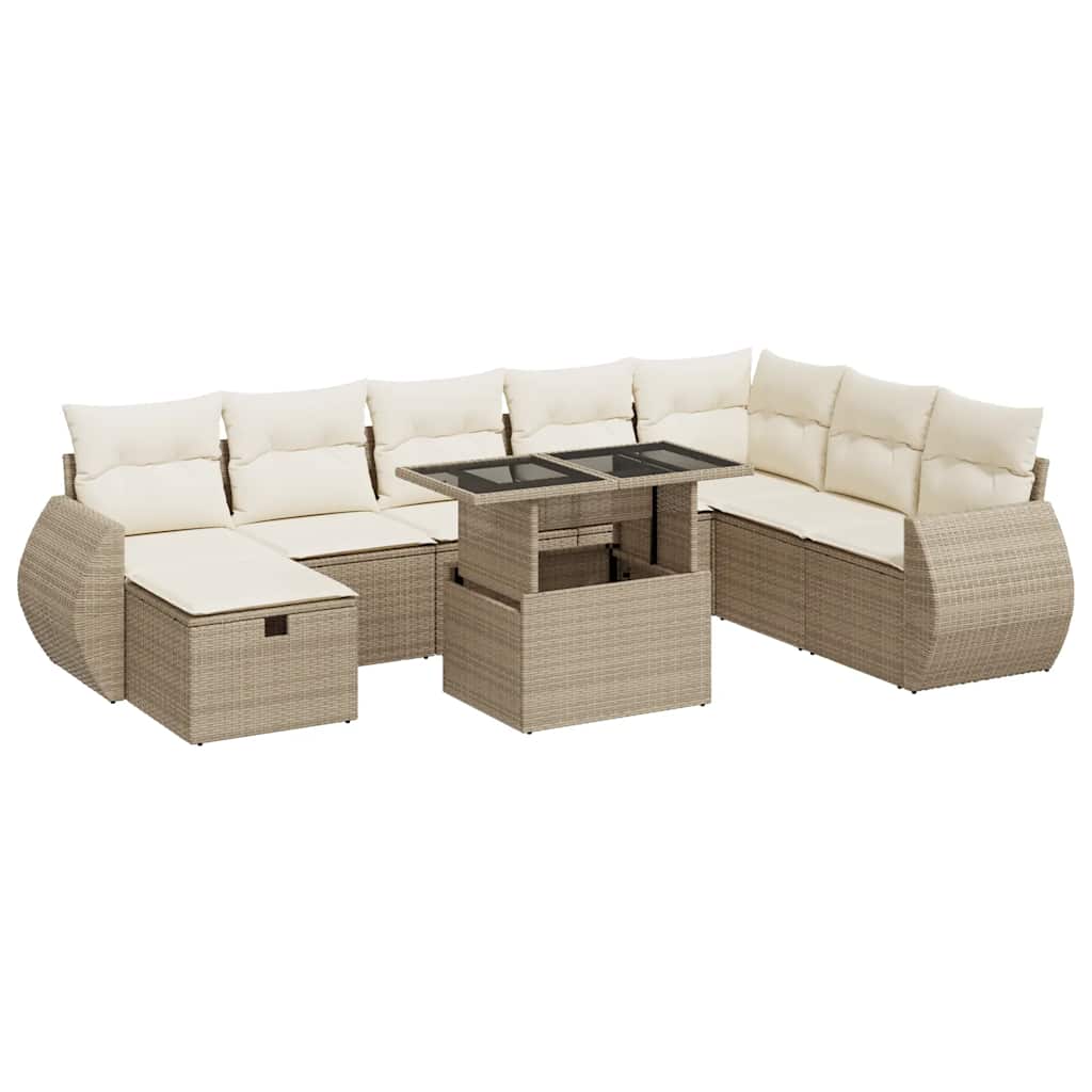 9-tlg. Garten-Sofagarnitur mit Kissen Beige Poly Rattan