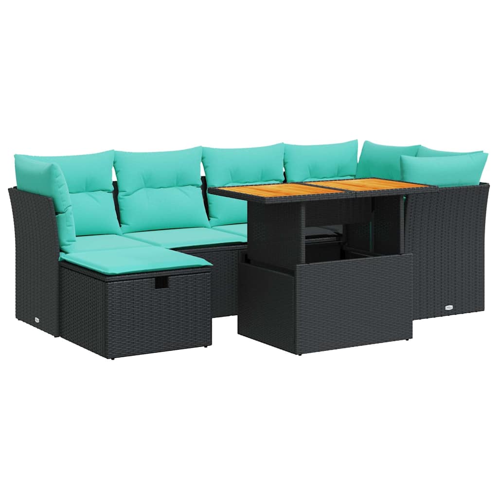 vidaXL 7-tlg. Garten-Sofagarnitur mit Kissen Braun Poly Rattan Akazie