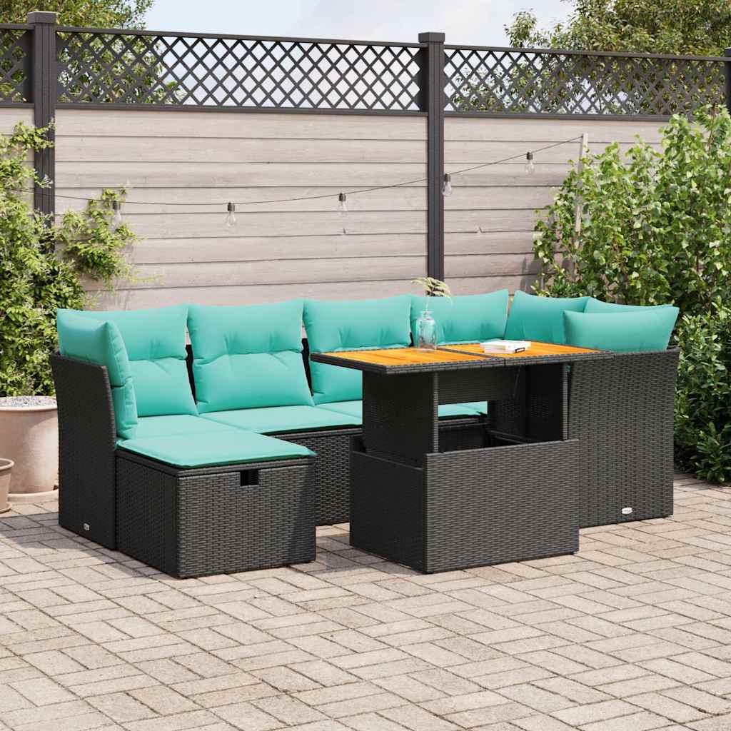 vidaXL 7-tlg. Garten-Sofagarnitur mit Kissen Braun Poly Rattan Akazie