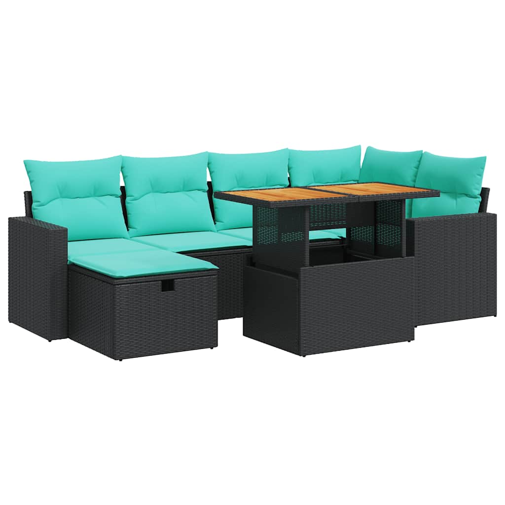vidaXL 7-tlg. Garten-Sofagarnitur mit Kissen Braun Poly Rattan Akazie