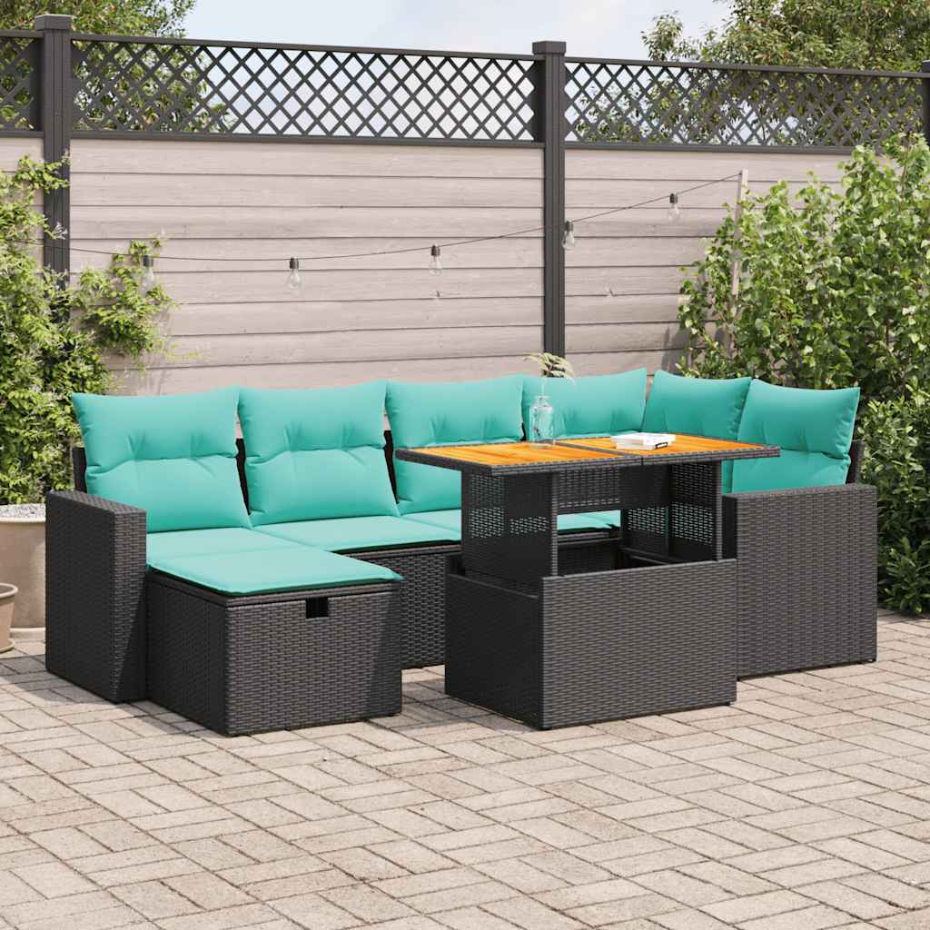 vidaXL 7-tlg. Garten-Sofagarnitur mit Kissen Braun Poly Rattan Akazie