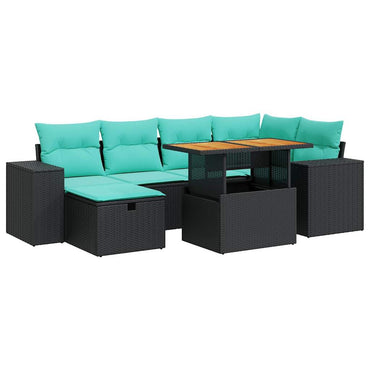 vidaXL 7-tlg. Garten-Sofagarnitur mit Kissen Grau Poly Rattan Akazie