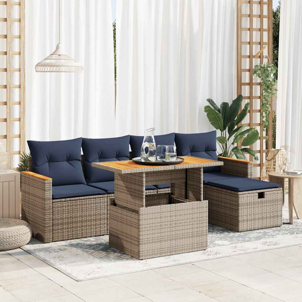 vidaXL Salon de jardin 6 pcs avec coussins Gris Résine tressée Bois d'acacia
