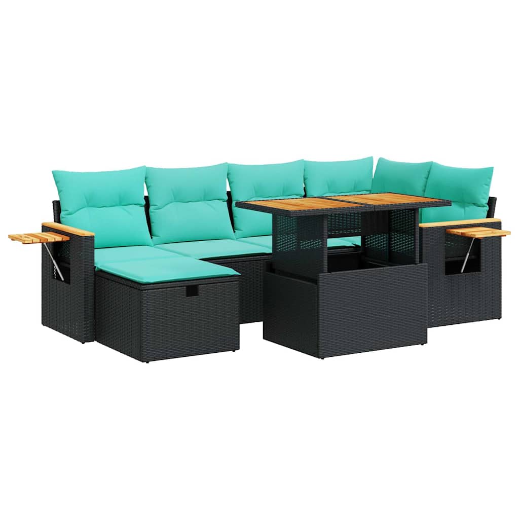 vidaXL 7-tlg. Garten-Sofagarnitur mit Kissen Braun Poly Rattan Akazie