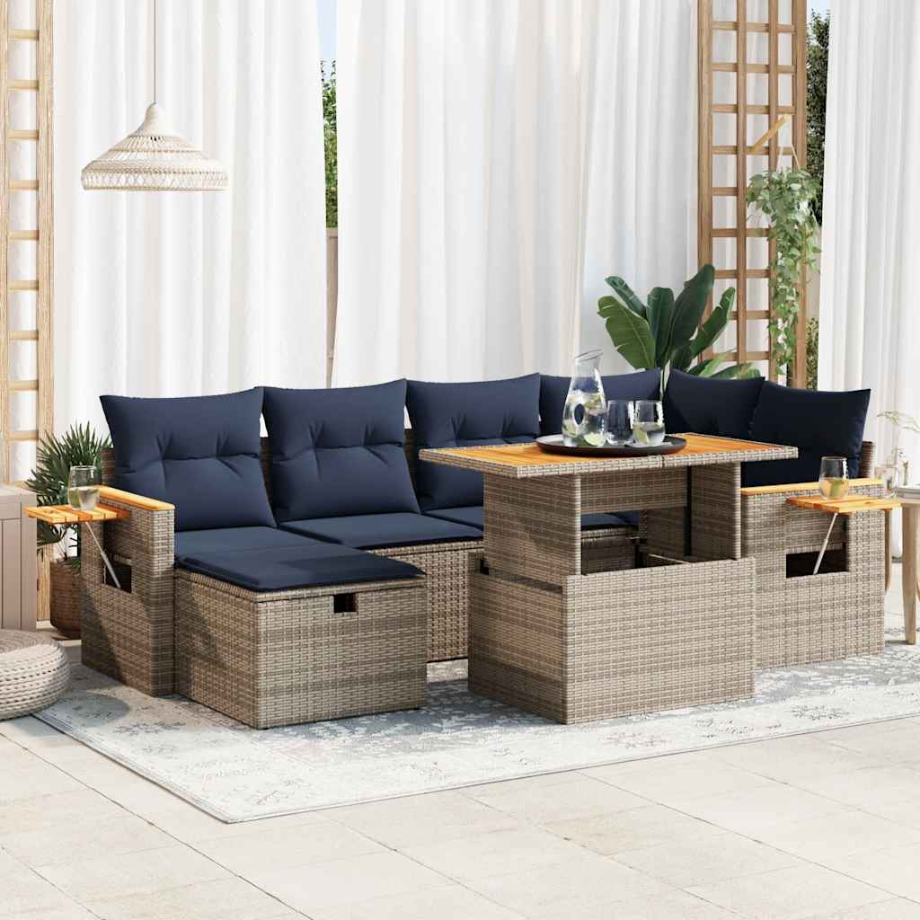 7-tlg. Garten-Sofagarnitur mit Kissen Grau Poly Rattan