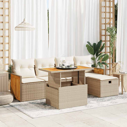 6-tlg. Garten-Sofagarnitur mit Kissen Beige Poly Rattan
